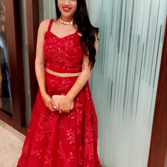 Red hand work crop top lehenga - Picture 3 of 4